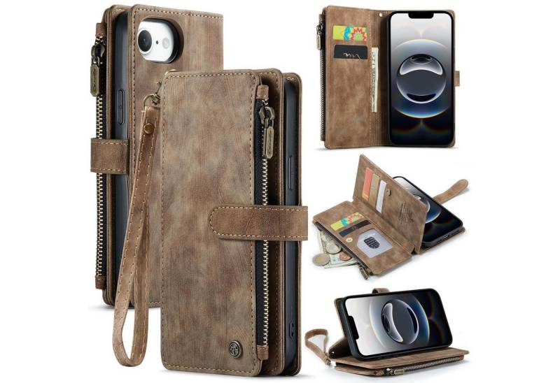 CaseMe Handyhülle Für Apple iPhone 16e Kunstleder Multifunktion Wallet Tasche Case Braun, Kunst-Leder Schutz Tasche Smart Case Multifunktion von CaseMe