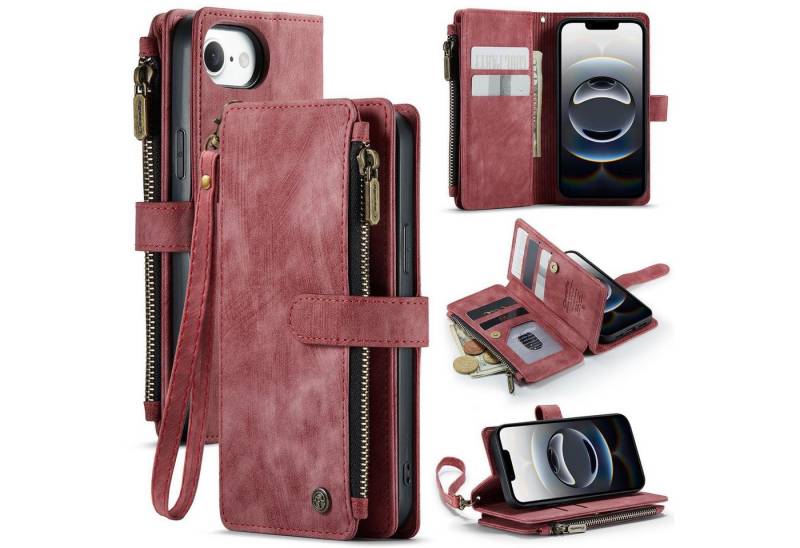 CaseMe Handyhülle Für Apple iPhone 16e Kunstleder Multifunktion Wallet Tasche Case Rot, Kunst-Leder Schutz Tasche Smart Case Multifunktion von CaseMe