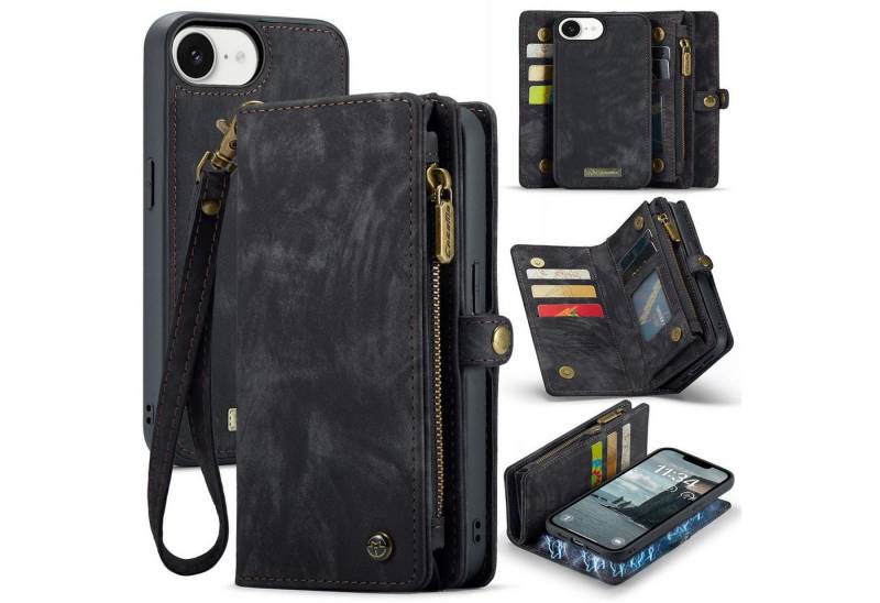 CaseMe Handyhülle Für Apple iPhone 16e Kunstleder Multifunktion Zipper Tasche Schwarz, Kunstleder Schutz Tasche Smart Case Multifunktion von CaseMe