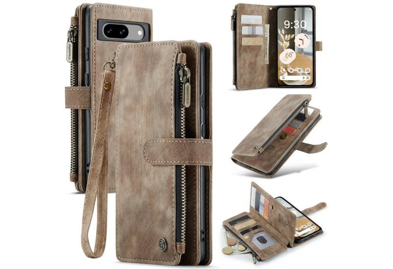 CaseMe Handyhülle Für Google Pixel 8a Kunstleder Multifunktion Zipper Hülle Tasche Braun, Kunst-Leder Schutz Tasche Smart Case Multifunktion von CaseMe