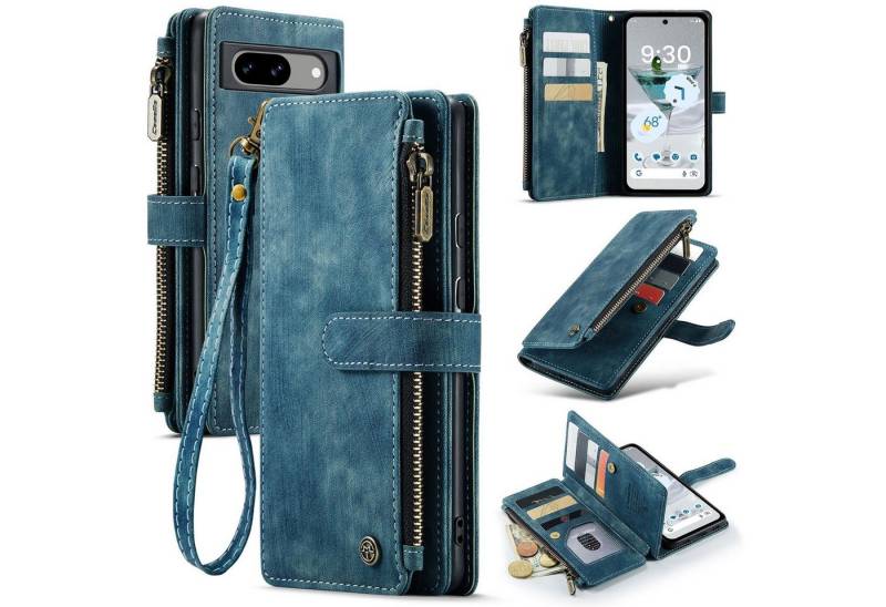 CaseMe Handyhülle Für Google Pixel 8a Kunstleder Multifunktion Zipper Wallet Tasche Blau, Kunst-Leder Schutz Tasche Smart Case Multifunktion von CaseMe