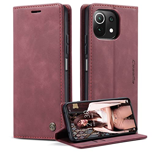 CaseMe Handyhülle für Xiaomi 11 Lite 5G NE/Mi 11 Lite 4G/5G Hülle Premium Leder Klappbar Flip Case Magnet Kartenfach Standfunktion Tasche Schutzhülle für Xiaomi Mi 11 Lite 5G/4G/5G NE - Weinrot von CaseMe