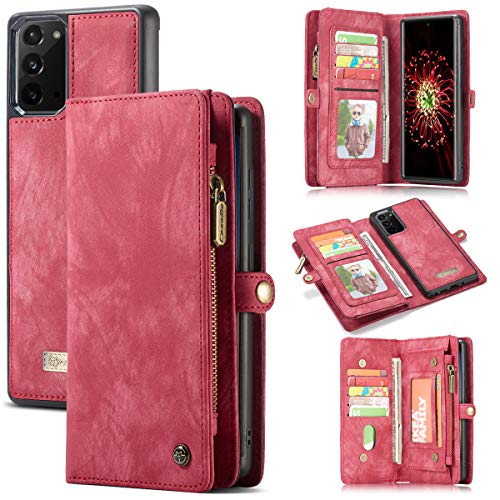 CaseMe für Samsung Galaxy Note 20 Leder Hülle, Handgemacht Abnehmbarer Flip Brieftasche Reißverschluss Etui mit Card Slots und magnetischer Back Cover für Samsung Galaxy Note 20 (Rot) von CaseMe