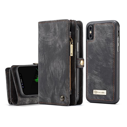 CaseMe iPhone XS Hülle, Multifunktionale Flip Folio Zipper Wallet Ledertasche mit Kartensteckplätzen und Magnetic Back Cover für iPhone XS 5,8 Zoll (iPhone XS/X 5.8'', Schwarz) von CaseMe