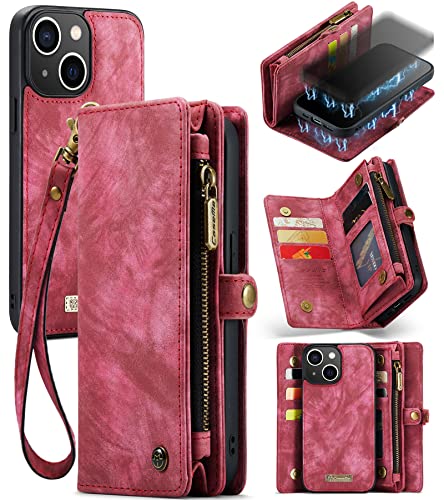 Schutzhülle für iPhone-13, Leder-Klapphülle Stoßfest Fall mit Abnehmbarer Rückseite, Magnetverschluss, 8 Kartenfächer, 1 Bargeldfächer, Reißverschlusstasche und Fotorahmen (Rot) von CaseMe
