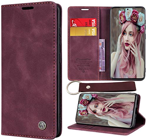 CaseNN Kompatibel mit Samsung Galaxy S20 Hülle Handyhülle Premium Leder Flip Case Magnetisch Klapphülle Wallet Lederhülle Bumper Schutzhülle Geldbörse Silikon Bumper mit Schlüsselanhänger - Wein Rot von CaseNN