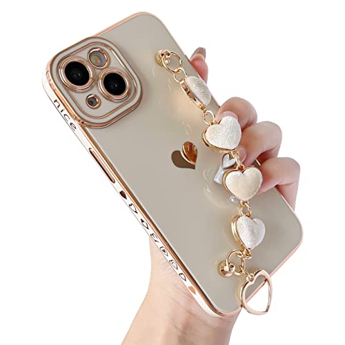 Caseative Niedliche Beschichtung Liebe Herz Handgelenkschlaufe Kette Armband weich kompatibel mit iPhone Hülle für Frauen Mädchen (weiß, iPhone 14) von Caseative