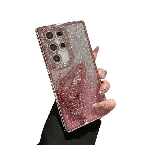 Caseative Schutzhülle für Samsung Galaxy S25, Glitzer, Schmetterling, fließender flüssiger Treibsand (Rosa, S25) von Caseative