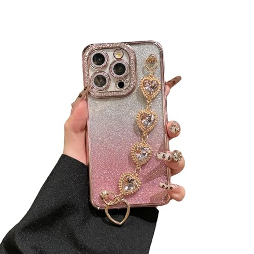 Caseative Schutzhülle für iPhone 13 Pro, Liebesherz, Strass, Handschlaufe, Kette, Armband, Glitzer, glitzernd, glitzernd, Handyhülle (Rosa, 13 Pro) von Caseative