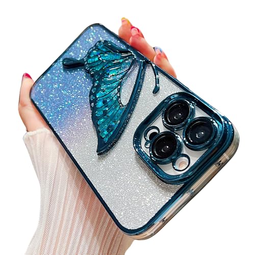 Casechics Kompatibel mit iPhone-Hülle, Glitzer, galvanisiert, Schmetterling, Flüssigsand, Kameralinsenschutz, weich, stoßfest, Schutzhülle für iPhone 16 (Blau, iPhone 16) von Casechics