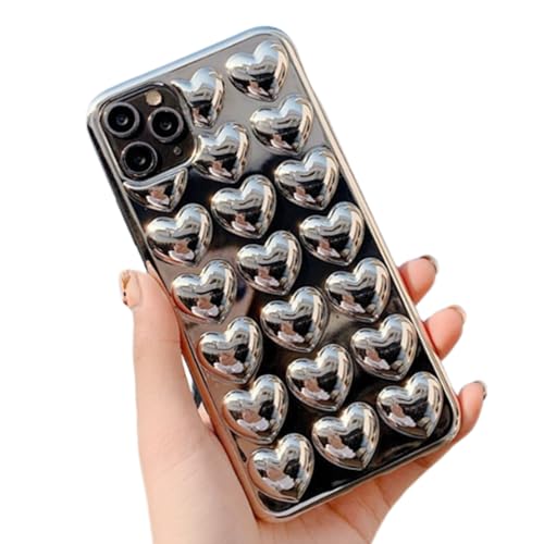 Casechics Kompatibel mit iPhone-Hülle, niedlich, galvanisiert, 3D-Herzen, glänzend, Ganzkörperschutz, weich, stoßfest, Handyhülle (Silber, iPhone 15 Pro) von Casechics