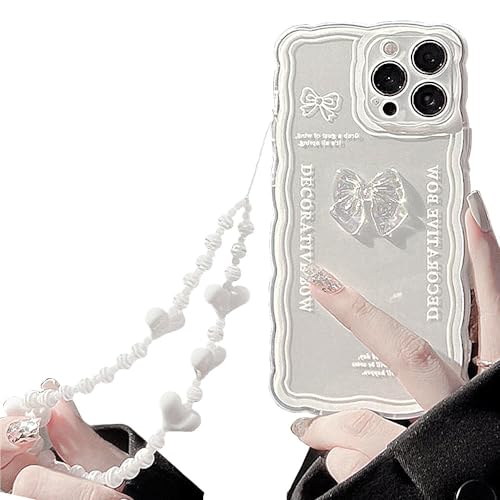 Casechics Kompatibel mit iPhone-Hülle, niedliche 3D-Kristallschleife, Schleife, gelockte Wellenform mit Herz, Armband, Kette, transparent, weich, stoßfest, Schutzhülle (weiß, iPhone 15 Pro Max) von Casechics