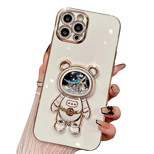 Casechics Kompatibel mit iPhone-Hülle, niedliche Astronauten, Glitzer, glitzernd, flüssig, Treibsand, galvanisierte Halterung, Ständer, stoßfeste Schutzhülle (Weiß, iPhone 16 Pro) von Casechics