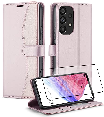 Casecond Handyhülle für Samsung Galaxy A54 5G Hülle mit Schutzfolie Premium Leder Klappbar Flip Case Magnet Brieftasche Klapphülle Kartenfach RFID Schutzhülle Lederhülle Rosa und Rose Gold von Casecond