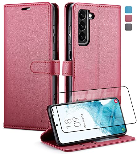 Casecond Handyhülle für Samsung Galaxy S21 FE 5G Hülle (Nicht für Galaxy S21) mit Schutzfolie Premium Leder Klappbar Flip Case Magnet Brieftasche Klapphülle Kartenfach RFID Schutzhülle Rot von Casecond