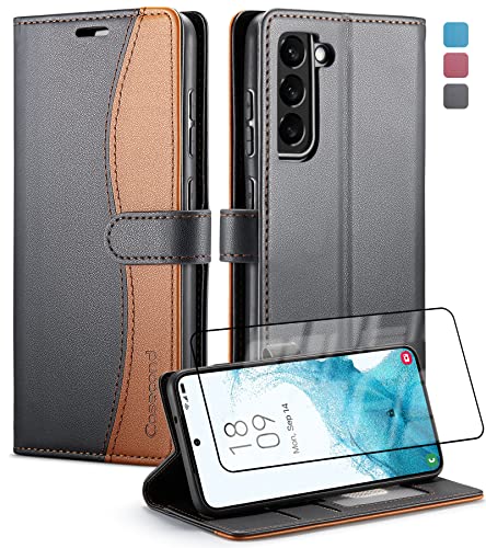 Casecond Handyhülle für Samsung Galaxy S21 FE 5G Hülle (Nicht für Galaxy S21) mit Schutzfolie Premium Leder Klappbar Flip Case Magnet Klapphülle Kartenfach RFID Schutz Schwarz und Braun von Casecond