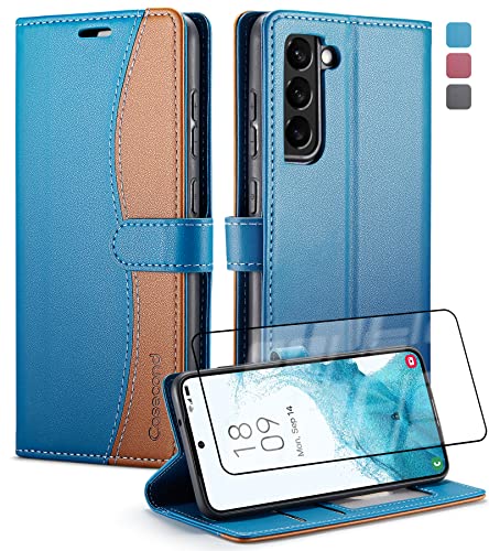 Casecond Handyhülle für Samsung Galaxy S21 FE 5G Hülle (Nicht für Galaxy S21) mit Schutzfolie Premium Leder Klappbar Flip Case Magnet Klapphülle Kartenfach RFID Schutzhülle Blau und Braun von Casecond