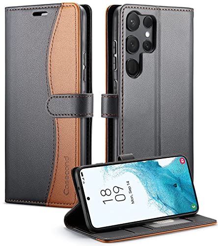 Casecond Handyhülle für Samsung Galaxy S23 Ultra 5G Hülle Premium Leder Klappbar Flip Case Wallet Magnet Magnetisch Kartenfach Klapphülle RFID Schutzhülle Brieftasche Lederhülle Schwarz und Braun von Casecond