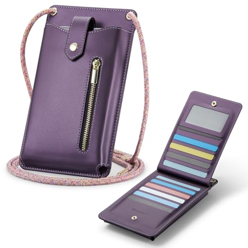 Casecond Handytasche zum Umhängen Geldbörse Universal Crossbody Handy Tasche Kleine Umhängetasche Damen mit Handykette für iPhone 15 14 11 Pro Samsung Z Flip 5 4 S24 S23 Xiaomi Redmi Bis zu 7.3" Lila von Casecond