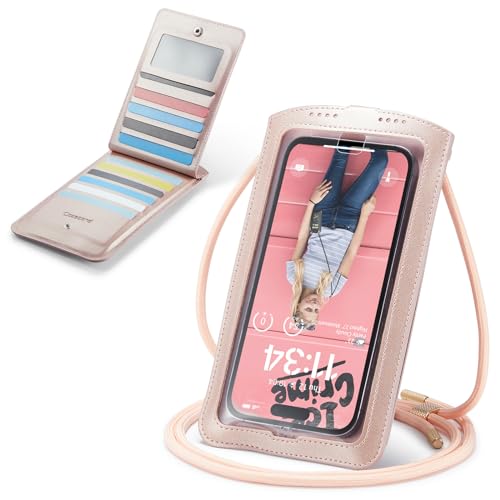 Casecond Handytasche zum Umhängen Geldbörse Universal Crossbody Handy Tasche Kleine Umhängetasche Damen mit Handykette für iPhone 15 14 11 Samsung Z Flip 5 4 S24 S23 Xiaomi Redmi Bis zu 7.5" Roségold von Casecond