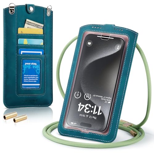Casecond Handytasche zum Umhängen Universal Handy Tasche Kleine Umhängetasche Damen mit Handykette Touchscreen für iPhone 16 15 14 13 Pro Max Samsung Z Flip 5 4 S24 Xiaomi Redmi Bis zu 7.5" Blaugrün von Casecond