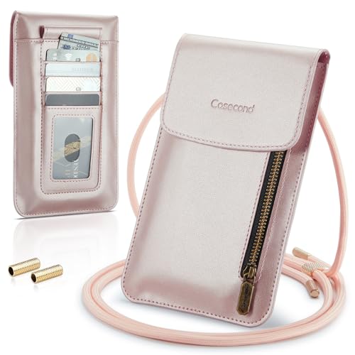 Casecond Handytasche zum Umhängen mit Geldbörse Damen Herren Kleine Leder Crossbody Universal Handy Tasche Pouch Umhängetasche Handtasche Handykette für iPhone 15 14 13 11 Samsung Bis zu 7.5" Roségold von Casecond