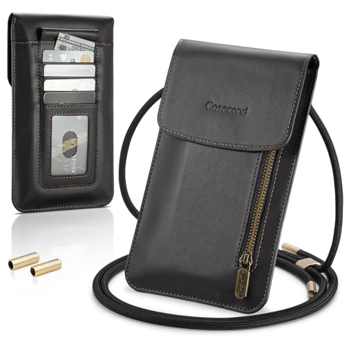 Casecond Handytasche zum Umhängen mit Geldbörse Damen Herren Kleine Leder Crossbody Universal Handy Tasche Pouch Umhängetasche Handtasche mit Handykette für iPhone 14 13 11 Samsung Bis zu 7.5" Schwarz von Casecond