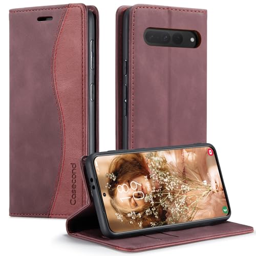 Casecond für Google Pixel 7 Pro 5G Hülle Handyhülle Leder Flip Case Magnet Magnetisch Klappbar Kartenfach Klapphülle Wallet Lederhülle für Männer Frauen RFID Schutzhülle Wein Rot und Rot von Casecond