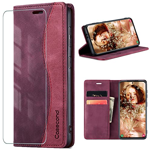 Casecond für Samsung Galaxy A03S Hülle Handyhülle mit Schutzfolie Leder Wallet Case Magnet Magnetisch Klappbar Kartenfach Klapphülle Lederhülle RFID Schutzhülle Wein Rot und Rot von Casecond