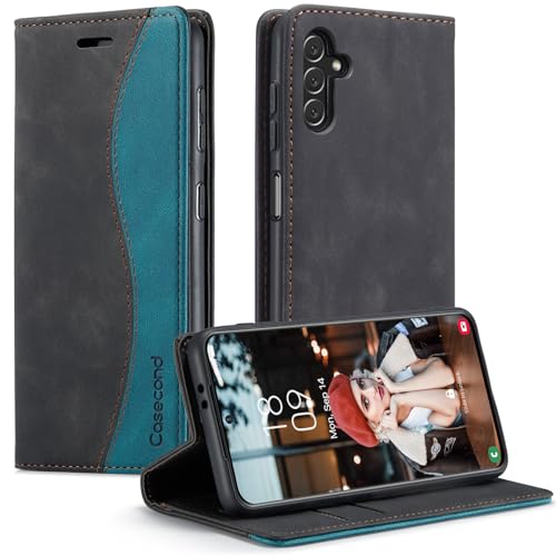 Casecond für Samsung Galaxy A14 4G / A14 5G Hülle Handyhülle Leder Flip Case Magnet Magnetisch Klappbar Kartenfach Klapphülle Wallet Lederhülle für Männer Frauen RFID Schutzhülle Schwarz und Blaugrün von Casecond