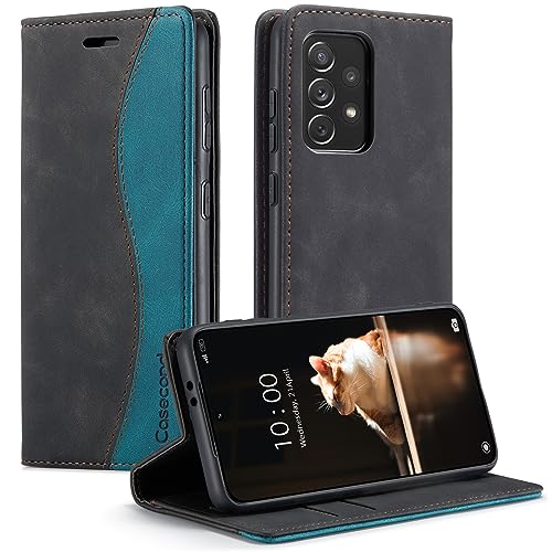 Casecond für Samsung Galaxy A33 5G Hülle Handyhülle Leder Flip Case Magnet Magnetisch Klappbar Kartenfach Klapphülle Wallet Lederhülle für Männer Frauen RFID Schutzhülle Schwarz und Blaugrün von Casecond