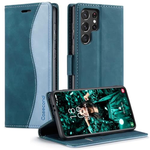 Casecond für Samsung Galaxy S22 Ultra 5G Hülle Handyhülle Leder Flip Case Magnet Magnetisch Klappbar Kartenfach Klapphülle Wallet Wallet Lederhülle für Männer Frauen RFID Schutzhülle Blaugrün von Casecond
