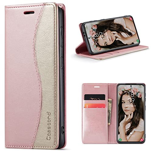 Casecond für Samsung Galaxy S23 5G Hülle Handyhülle Leder Flip Case Magnet Magnetisch Klappbar Kartenfach Klapphülle Wallet Lederhülle für Männer Frauen RFID Schutzhülle Rose Gold und Gold von Casecond