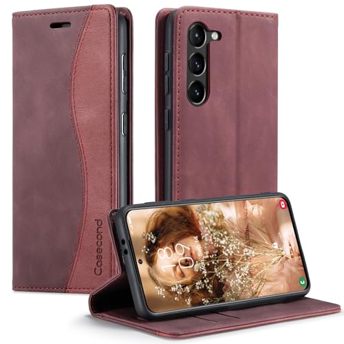 Casecond für Samsung Galaxy S23 5G Hülle Handyhülle Leder Flip Case Magnet Magnetisch Klappbar Kartenfach Klapphülle Wallet Lederhülle für Männer Frauen RFID Schutzhülle Wein Rot und Rot von Casecond