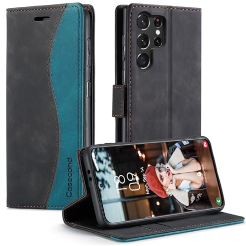 Casecond für Samsung Galaxy S23 Ultra 5G Hülle Handyhülle Leder Flip Case Magnet Magnetisch Klappbar Kartenfach Klapphülle Wallet Lederhülle für Männer Frauen RFID Schutzhülle Schwarz und Blaugrün von Casecond