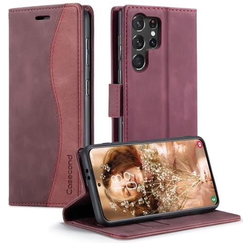 Casecond für Samsung Galaxy S23 Ultra 5G Hülle Handyhülle Leder Flip Case Magnet Magnetisch Klappbar Kartenfach Klapphülle Wallet Lederhülle für Männer Frauen RFID Schutzhülle Wein Rot und Rot von Casecond