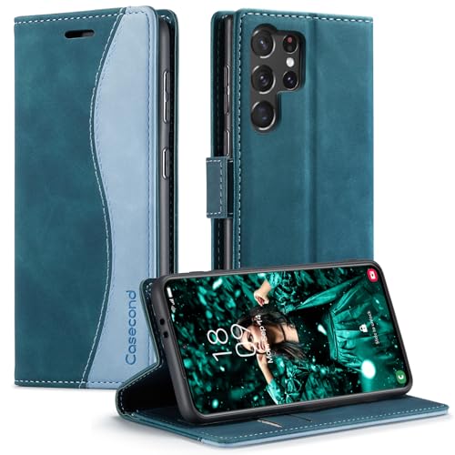 Casecond für Samsung Galaxy S23 Ultra 5G Hülle Handyhülle Leder Flip Case Magnet Magnetisch Klappbar Kartenfach Klapphülle Wallet Wallet Lederhülle für Männer Frauen RFID Schutzhülle Blaugrün von Casecond