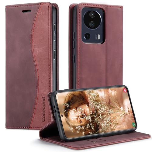Casecond für Xiaomi 13 Lite Hülle Handyhülle Leder Flip Case Magnet Magnetisch Klappbar Klapphülle Wallet Lederhülle RFID Schutzhülle Wein Rot und Rot von Casecond