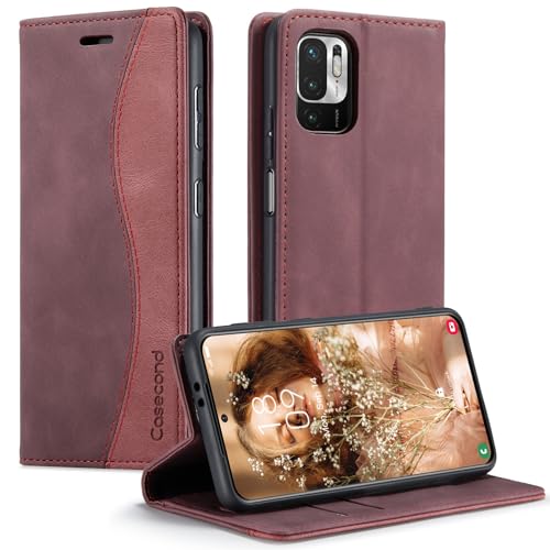 Casecond für Xiaomi Redmi Note 10 5G /Poco M3 Pro 5G Hülle Handyhülle Leder Flip Case Magnetisch Klappbar Kartenfach Klapphülle Lederhülle für Männer Frauen RFID Schutz Schutzhülle Wein Rot und Rot von Casecond