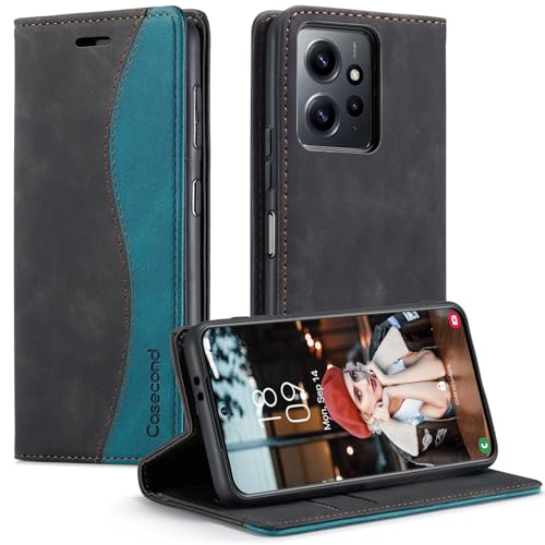 Casecond für Xiaomi Redmi Note 12 4G Hülle Handyhülle Leder Flip Case Magnet Magnetisch Klappbar Kartenfach Klapphülle Wallet Lederhülle für Männer Frauen RFID Schutzhülle Schwarz und Blaugrün von Casecond