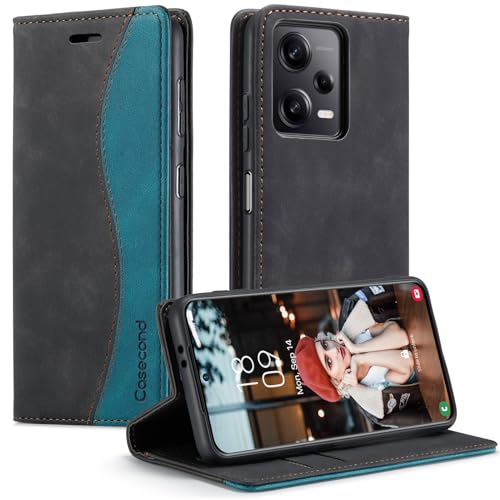 Casecond für Xiaomi Redmi Note 12 Pro+ Plus 5G Hülle (Nicht für Note 12 Pro 5G) Handyhülle Leder Flip Case Magnet Magnetisch Klappbar Klapphülle Wallet Lederhülle RFID Schutzhülle Schwarz und Blaugrün von Casecond