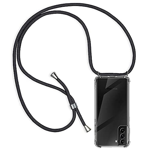 Casecool Handykette Hülle kompatibel mit Samsung Galaxy S21 5G / 4G, Handyhülle Handy Necklace Hülle mit Band Schutzhülle Kordel zum Umhängen Transparent Weich TPU Silikon Tasche, Schwarz von Casecool