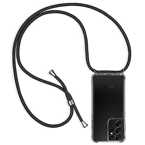 Casecool Handykette Hülle kompatibel mit Samsung Galaxy S21 Ultra 5G / 4G, Handyhülle Handy Necklace Hülle mit Band Schutzhülle Kordel zum Umhängen Transparent Weich TPU Silikon Tasche, Schwarz von Casecool