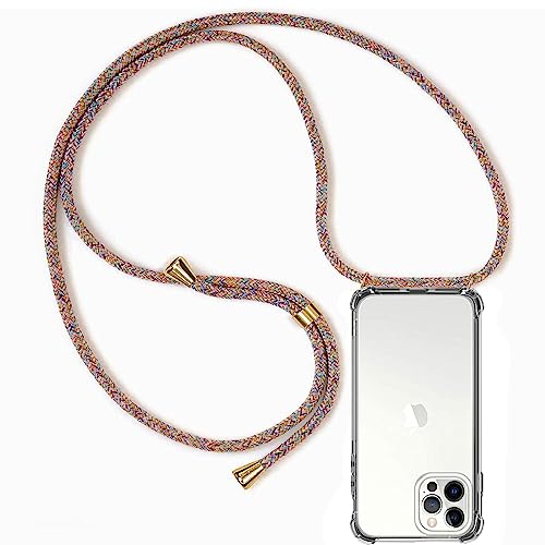 Casecool Handykette Hülle kompatibel mit iPhone 12 / iPhone 12 Pro, Handyhülle Handy Necklace Hülle mit Band Schutzhülle Kordel zum Umhängen Transparent Weich TPU Silikon Tasche, Rainbow von Casecool