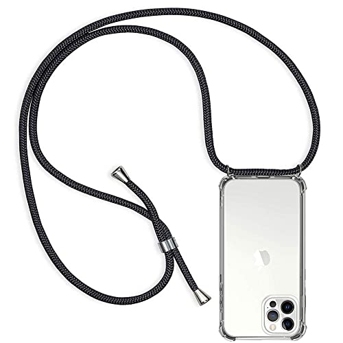 Casecool Handykette Hülle kompatibel mit iPhone 12 Pro Max, Handyhülle Handy Necklace Hülle mit Band Schutzhülle Kordel zum Umhängen Transparent Weich TPU Silikon Tasche, Schwarz von Casecool