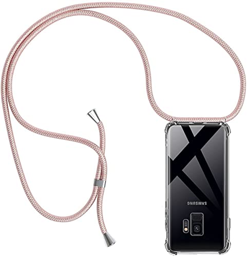 Casecool Handykette für Samsung Galaxy S9 Hülle mit Band, Handyhülle mit Kette Handy Necklace Hülle Kordel zum Umhängen Schutzhülle Transparent Weich TPU Silikon Bumper, Rosé Gold von Casecool
