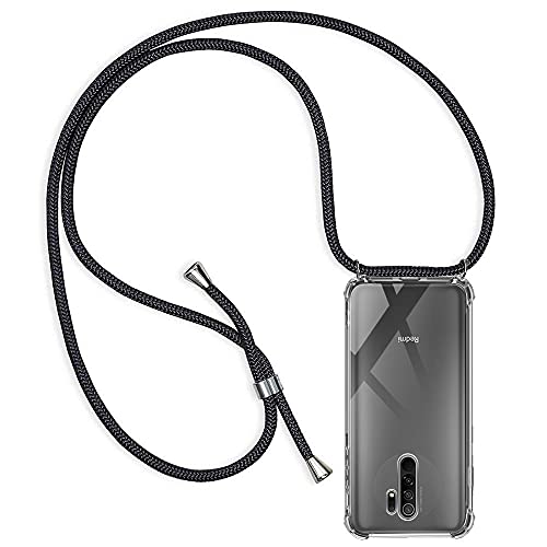 Casecool Handykette kompatibel mit Xiaomi Redmi 9, Handyhülle Smartphone Necklace Hülle mit Band Schutzhülle Kordel zum Umhängen Transparent Weich TPU Silikon Tasche (Schwarz) von Casecool