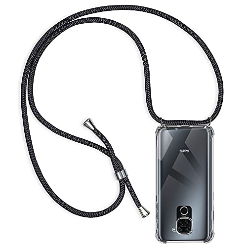 Casecool Handykette kompatibel mit Xiaomi Redmi Note 9, Handyhülle Handy Necklace Hülle mit Band Schutzhülle Kordel zum Umhängen Transparent Weich TPU Silikon Tasche, Schwarz von Casecool