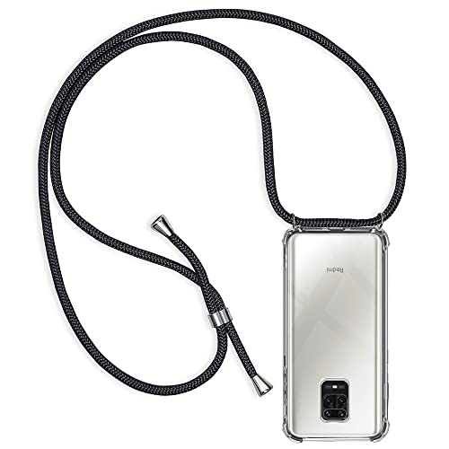 Handykette Hülle kompatibel mit Xiaomi Redmi Note 9S/Note 9 Pro/Note 9 Pro Max, Handyhülle Handy Necklace Hülle mit Band Schutzhülle Kordel zum Umhängen Transparent Weich TPU Silikon Case, Schwarz von Casecool