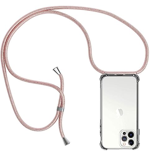 Handykette Hülle kompatibel mit iPhone 12 / iPhone 12 Pro, Handyhülle Handy Necklace Hülle mit Band Schutzhülle Kordel zum Umhängen Transparent Weich TPU Silikon Tasche, Rosé Gold von Casecool